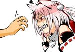  a.f.o angry animal_ears bare_shoulders clenched_teeth commentary_request detached_sleeves face fangs hands hat inubashiri_momiji pink_hair pom_pom_(clothes) profile red_eyes scowl solo squiggle teeth tokin_hat touhou transparent_background wolf_ears 