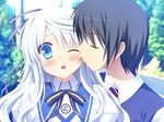  1boy 1girl alcot black_hair blue_eyes blush couple duo eyes_closed game_cg garden kiss kiss_on_the_cheek long_hair oni_gokko oni_gokko! outdoors saionji_otome school_uniform short_hair white_hair wink 