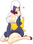  bow breasts center_opening female heart high_heels hood large_breasts lips okami ookami_(game) open_mouth original purple_hair rao short_hair sitting solo tokisige 