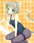  blue_eyes one-piece_swimsuit original pantyhose pantyhose_under_swimsuit paw_pose school_swimsuit shiratama_yomogi short_hair silver_hair solo swimsuit tail thighband_pantyhose 