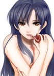  blue_hair brown_eyes eating face food fruit highres idolmaster idolmaster_(classic) kisaragi_chihaya lips long_hair nude pomegranate simple_background solo upper_body yamasuke_mk2 