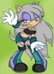  boots bra breasts cleavage clothed clothing eyeshadow female gloves green_background grey grey_hair hair half-closed_eyes hedgehog long_hair makeup mammal midriff navel original_character plain_background sega shorts solo sonic_(series) sonic_fancharacter tail underwear unknown_artist venus_the_hedgehog waving 