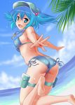 :d ass bare_shoulders barefoot bikini blue_eyes breasts cloud day fisheye hair_bobbles hair_ornament hat jewelry jumping kawashiro_nitori key looking_back medium_breasts necklace open_mouth outstretched_arms outstretched_hand short_twintails side-tie_bikini sideboob sky smile soles solo spread_arms strap_gap swimsuit taishi_(moriverine) thigh_strap touhou twintails two_side_up 