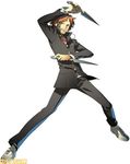  dual_wielding fighting_stance hanamura_yousuke headphones holding kunai lowres male_focus official_art persona persona_4 persona_4:_the_ultimate_in_mayonaka_arena red_hair school_uniform solo watermark weapon 