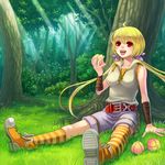  asymmetrical_clothes bad_id bad_pixiv_id bare_shoulders belt blonde_hair bow eating food frontier_town fruit hair_bow kneehighs long_hair original red_eyes shorts sitting smile solo striped striped_legwear studded_belt thighhighs tree 