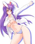  animal_ears breasts bunny_ears large_breasts mikagami_sou nipples open_clothes open_shirt panties purple_hair red_eyes reisen_udongein_inaba shirt solo striped striped_panties touhou underwear 