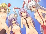  animal_ears black_legwear bow breasts bunny_ears crescent face finger_to_face flandre_scarlet fujiwara_no_mokou hair_bow hair_ribbon hat large_breasts long_hair miyo_(ranthath) multiple_girls naked_suspenders necktie nipples no_wings nude open_mouth pants patchouli_knowledge purple_eyes red_eyes reisen_udongein_inaba revealing_clothes ribbon side_ponytail smile suspenders thighhighs topless touhou wavy_mouth 