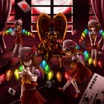  blonde_hair card chair crossover flandre_scarlet four_of_a_kind four_of_a_kind_(touhou) highres laevatein moon multiple_girls multiple_persona night parody playing_card ran_ran_ru red_eyes red_hair ronald_mcdonald sad smile touhou wings 