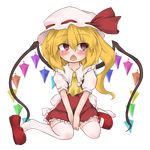  ascot between_legs blonde_hair blush flandre_scarlet full_body hand_between_legs hat looking_away mary_janes open_mouth qurival-misuna red_eyes shoe_dangle shoes short_hair side_ponytail sitting skirt solo thighhighs touhou transparent_background v_arms wariza white_legwear wings 