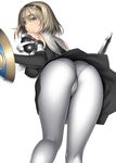  1girl _eyes alternate_color ass blonde_hair cameltoe cassandra_alexandra green green_eyes hairband highres huge_ass kansuke looking_back natural_wedgie panties shield skirt smile solo soul_calibur soulcalibur_ii sword turning underwear upskirt weapon 