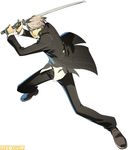  fighting_stance katana lowres male_focus narukami_yuu official_art persona persona_4 persona_4:_the_ultimate_in_mayonaka_arena school_uniform silver_hair solo sword watermark weapon 