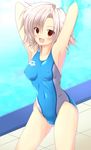  arena_(company) arms_behind_head arms_up breasts competition_swimsuit covered_nipples hizuki_aki md5_mismatch medium_breasts one-piece_swimsuit red_eyes short_hair silver_hair smile solo swimsuit 