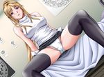  1girl bare_shoulders bed bedroom bible_black blonde_hair blush breasts cameltoe erect_nipples game_cg invitation nipples on_bed panties ponytail purple_eyes saeki_kaori sei_shoujo sitting solo spread_legs thighhighs underwear 