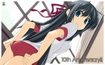  adjusting_buruma adjusting_clothes anniversary black_hair blue_eyes blush buruma dutch_angle from_behind gym_uniform hair_ribbon highres kanou_kayoko koiiro_soramoyou long_hair looking_at_viewer looking_back ribbon shikei solo wallpaper window 