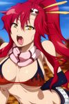  belt bikini_top breasts elbow_gloves gloves hair_ornament hair_stick hairu large_breasts long_hair navel open_mouth ponytail red_hair scarf shorts skull solo striped striped_scarf studded_belt tengen_toppa_gurren_lagann tongue tongue_out underboob yellow_eyes yoko_littner 