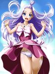  blue_eyes breasts cameltoe cleavage dress dress_lift fairy_tail highres jewelry large_breasts mirajane_strauss necklace onoe panties ribbon smile solo tattoo topknot underwear upskirt white_hair wind 