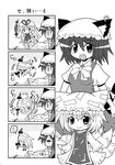  4koma animal_ears bow bowtie cat_ears chen colonel_aki comic earrings fang gap greyscale hair_bow hat jewelry long_hair monochrome multiple_girls multiple_tails open_mouth short_hair stuck sweatdrop tail touhou translated yakumo_ran yakumo_yukari 