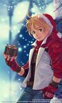  artist_request belt blonde_hair blue_eyes christmas_tree denim eleonore_kliesen fingerless_gloves gift gloves hat holding holding_gift jacket jeans pants reverse_trap santa_hat short_hair snowing solo studded_belt tekken tekken_6 