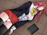  1girl bible_black book breasts cleavage eyes_closed game_cg long_hair lying on_floor on_side panties pantyshot pencil_skirt red_hair sei_shoujo solo takashiro_hiroko thighhighs unconscious underwear 