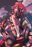  1girl animal animal_between_breasts anti-materiel_rifle between_breasts bikini_top blush boota boots breasts cloud fingerless_gloves gloves gun hair_ornament hair_stick high_ponytail highres jianran_pan lagann large_breasts legs long_hair long_legs mecha ponytail red_hair rifle scarf simon skull sky sniper_rifle striped striped_scarf tengen_toppa_gurren_lagann thighs twilight weapon white_legwear yellow_eyes yoko_littner 