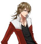  barnaby_brooks_jr blonde_hair blue_eyes cross cross_necklace glasses highres jacket jewelry koutarou_(farthest) long_hair male_focus necklace red_jacket simple_background solo tiger_&amp;_bunny white_background 