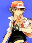  bad_id bad_pixiv_id bangs baseball_cap black_hair blue_background fingerless_gloves gloves hat holding kaibashira male_focus pixiv_red pokemon pokemon_(game) pokemon_frlg pokemon_rgby red_(pokemon) red_(pokemon_frlg) red_(pokemon_rgby) solo underwear 