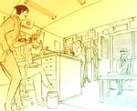  1girl 4boys android bald dan_dastun desk indoors monochrome multiple_boys norman_burg r._instro r_dorothy_wayneright r_instro robot roger_smith short_hair sitting the_big_o 