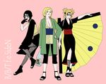  3girls black_hair blonde_hair fan fishnets forehead_protector gloves hand_on_hip hips japanese_clothes kurotsuchi kurotsuchi_(naruto) long_hair multiple_girls naruto naruto_shippuuden quad_tails sano_(bbt-fareast) short_hair standing temari tsunade 