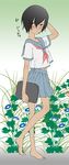  1boy barefoot blush child crossdress crossdressing full_body ikezawa_kazuma male male_focus school_uniform shota skirt solo summer_wars trap 