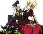  arm_support black_hair blonde_hair dango flak_jacket food forehead_protector japanese_clothes leaning_back mochizuki_tou nara_shikamaru naruto quad_tails sitting temari vest wagashi 