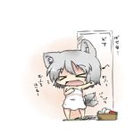  &gt;_&lt; animal_ears closed_eyes dekasudachin fang hand_on_own_chest inubashiri_momiji laundry_basket musical_note naked_towel open_mouth outstretched_arm short_hair silver_hair solo tail tail_wagging touhou towel translated wolf_ears wolf_tail 