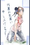  brown_eyes brown_hair female forehead_protector full_body highres kneeling looking_at_viewer mokko-n nah naruto sketch solo standing tenten 