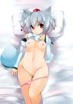  animal_ears bare_shoulders blush bottomless breasts censored detached_sleeves hat inubashiri_momiji lying nipples on_back open_mouth panties panty_pull pussy red_eyes sawamura_hikaru shirt_lift short_hair silver_hair small_breasts solo tail tokin_hat touhou underwear wolf_ears wolf_tail 
