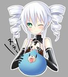  1girl black_gloves black_sister blush buran_(kure) choujigen_game_neptune choujigen_game_neptune_mk2 compile_heart cradlehollow dogoo drill_hair elbow_gloves female gloves green_eyes gust highres idea_factory long_hair neptune_(series) nippon_ichi one_eye_closed pasties silver_hair slime solo symbol-shaped_pupils twintails uni_(choujigen_game_neptune) wink 