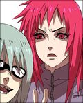  1girl glasses hoozuki_suigetsu houzuki_suigetsu hozuki_suigetsu karin_(naruto) lowres naruto naruto_shippuuden noro_(king) red_eyes red_hair upper_body v white_hair 