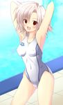  alternate_color arena_(company) arms_behind_head arms_up breasts competition_swimsuit covered_nipples hizuki_aki md5_mismatch medium_breasts one-piece_swimsuit red_eyes short_hair silver_hair smile solo swimsuit 