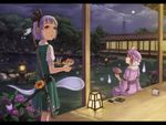  bad_id bad_pixiv_id fan flower folding_fan food forest fruit full_moon goshoguruma hakugyokurou hat hexagon highres hitodama hydrangea katana kayari_buta konpaku_youmu konpaku_youmu_(ghost) kurione_(zassou) letterboxed moon multiple_girls nature night pond red_eyes saigyouji_yuyuko saigyouji_yuyuko's_fan_design short_hair silver_hair sitting stone_lantern sword touhou veranda watermelon weapon wind_chime 