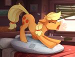  2019 applejack_(mlp) blonde_hair cutie_mark detailed_background digital_media_(artwork) equine eyes_closed female feral friendship_is_magic fur hair mammal my_little_pony orange_fur solo standing yakovlev-vad 