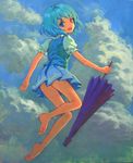  acrylic_paint_(medium) ama-tou bare_legs barefoot blue_eyes blue_hair closed_umbrella cloud feet flying from_behind heterochromia highres looking_back open_mouth purple_umbrella red_eyes short_hair smile soles solo tatara_kogasa toes touhou traditional_media umbrella 