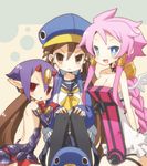  bad_id bad_pixiv_id bare_shoulders bird black_legwear blue_eyes blue_hat blush bosutafu braid breasts brown_eyes brown_hair cleavage desco_(disgaea) disgaea hat horns kazamatsuri_fuuka long_hair makai_senki_disgaea_4 medium_breasts multiple_girls penguin pink_hair pointy_ears prinny purple_hair red_eyes school_uniform short_hair tabard thighhighs vulcanus_(disgaea_4) wings 