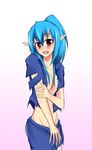  aqua_hair bad_id bad_pixiv_id blush breasts covered_nipples embarrassed erimiko fallout fallout_3 fang fawkes genderswap medium_breasts ponytail red_eyes solo torn_clothes 