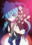  blue_hair foreshortening guitar hair_over_one_eye hair_ribbon hatsune_miku instrument jewelry long_hair nagareboshi necklace pants ribbon sleeves_rolled_up smile solo twintails very_long_hair vocaloid wristband 