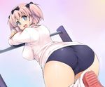  1girl ass blue_eyes bow breasts buruma gym_uniform hair_bow hibari_(senran_kagura) highres horizontal_bar jacket large_breasts looking_back open_mouth pink_hair senran_kagura senran_kagura_shoujo-tachi_no_shin'ei shinozuka_jouji short_hair smile solo symbol-shaped_pupils thick_thighs thighs track_jacket trefoil twintails 