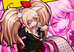  :p between_breasts blue_eyes breasts cleavage danganronpa danganronpa_1 enoshima_junko freckles hair_ornament hairclip ikusaba_mukuro medium_breasts monokuma necktie orange_hair ska skirt sleeves_rolled_up solo sweat tongue tongue_out twintails 