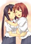  :d black_hair blonde_hair brown_eyes closed_eyes hirasawa_yui hug k-on! long_hair multiple_girls nakano_azusa one_eye_closed open_mouth pleated_skirt ponishi. round_teeth school_uniform short_hair skirt smile teeth twintails 