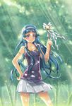  bangs blue_hair blunt_bangs hair_tubes hairband kannagi landre long_hair nagi pleated_skirt purple_eyes skirt smile solo wand white_skirt 