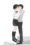  1girl bad_id bad_pixiv_id black_hair blush closed_eyes couple hetero highres hug kiss nimirom no_shoes original school_uniform serafuku skirt socks 