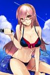  bad_id bad_pixiv_id beach bespectacled bikini breasts cleavage czc_(deko) glasses large_breasts long_hair megurine_luka microphone pink_eyes pink_hair smile solo swimsuit vocaloid 