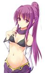  :o bare_shoulders bikini_top blush breasts cosplay detached_sleeves expressionless groin hand_on_own_chest konimaru long_hair looking_at_viewer medium_breasts navel ponytail purple_eyes purple_hair rivalun rivalun_(cosplay) scarf simple_background solo stomach sugiura_ayano underboob yuru_yuri 