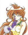  90s araizumi_rui bare_shoulders breasts covered_nipples earrings finger_to_mouth fur_trim gloves halter_top halterneck headband jewelry lina_inverse medium_breasts necklace one_eye_closed orange_hair red_eyes shushing slayers solo upper_body 